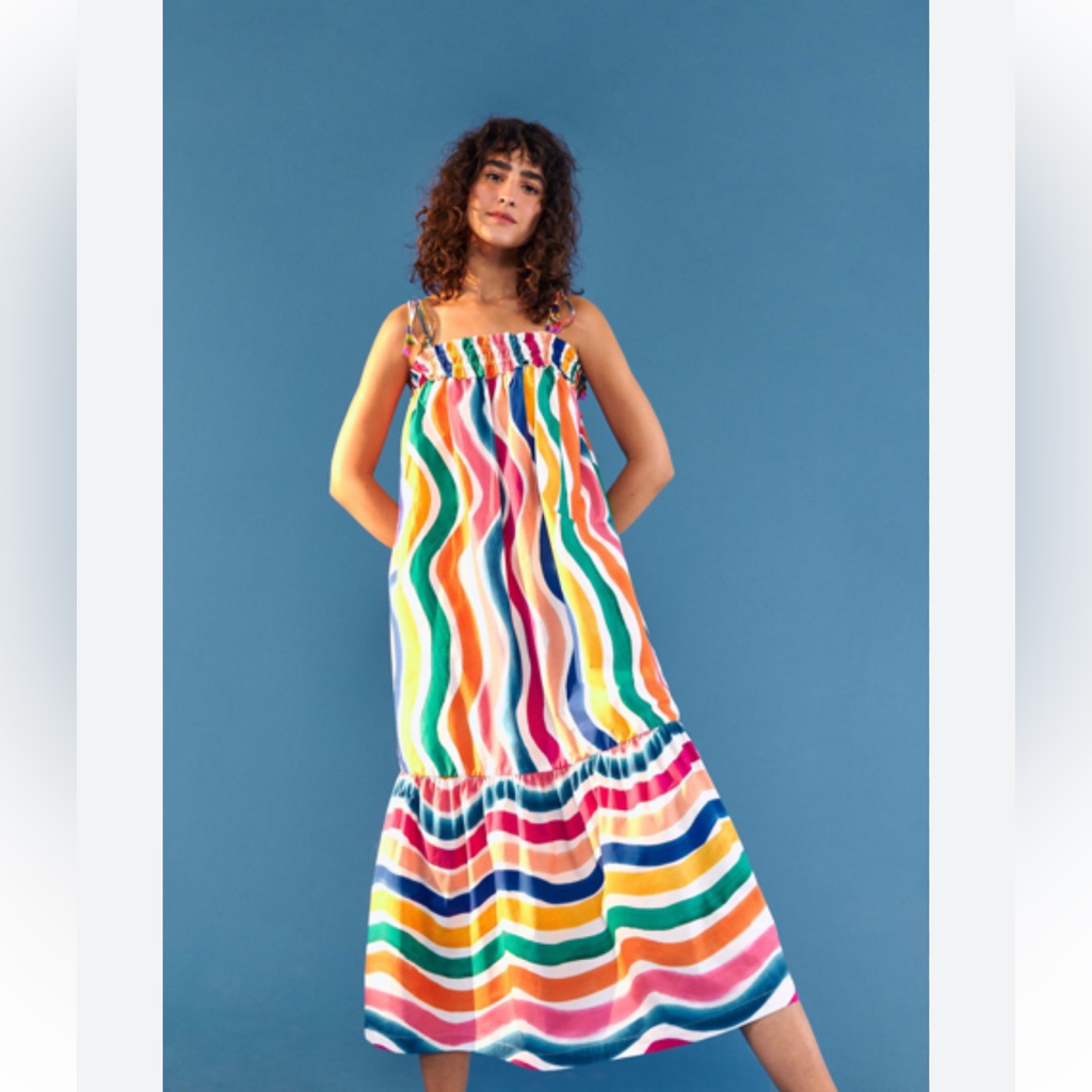 Farm Rio Multicolor Wavy Stripe Midi Dress